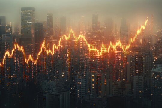 A cityscape interwoven with a vibrant financial chart, symbolizing the market's fluctuating performance amid the urban landscape.