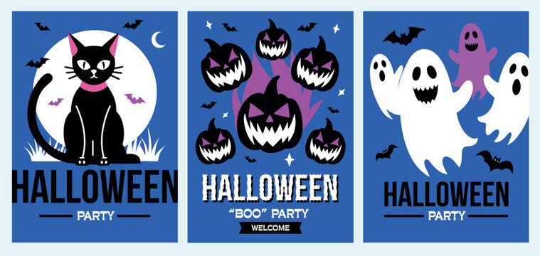 Celebrate Halloween with festive posters of cute cats, pumpkins, and spooky ghosts