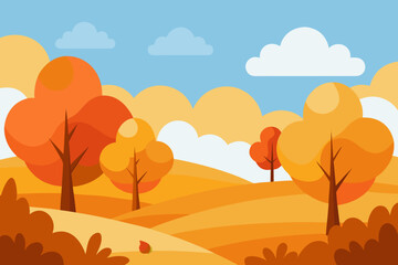 A cartoon autumn countryside background with orange leaves vector illustration