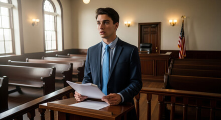 nervous first-year law student standing at a mock courtroom podium, empty wooden benches behind