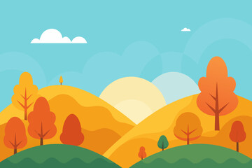 A cartoon landscape of autumn hills with fog vector illustration