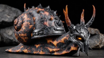 A snail figurine, meticulously crafted, sports ornate, dark metal armor resembling a helmet and facemask, with glowing eyes.  The shell is textured with a dark, fiery pattern