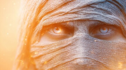 Fototapeta premium Masked figure with piercing gaze conveying mystery and intrigue during sunset