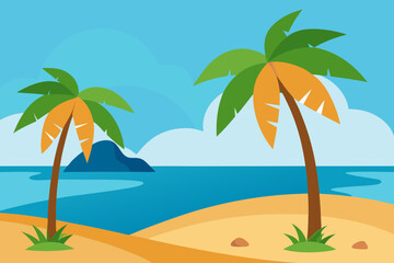 Obraz premium A secluded cartoon beach cove with palm tree shade vector illustration
