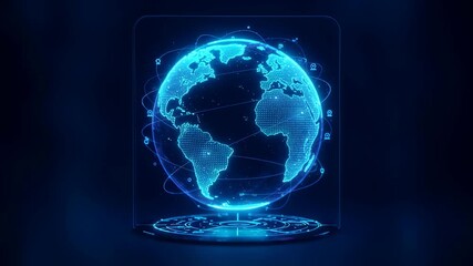 Blue glowing global earth hologram with rotating digital network connections and futuristic interface, technology animation - Powered by Adobe