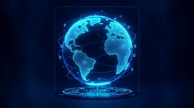 Blue glowing global earth hologram with rotating digital network connections and futuristic interface, technology animation - Powered by Adobe