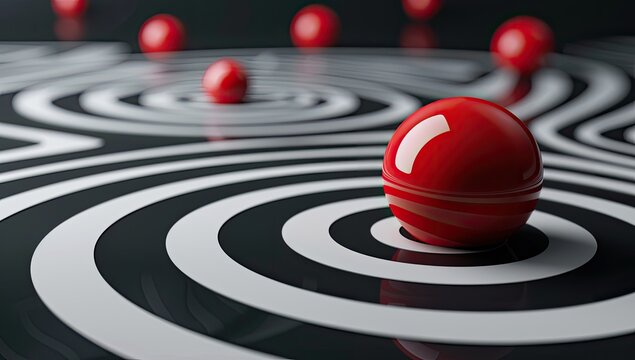 Red spheres navigate maze; abstract problem-solving concept