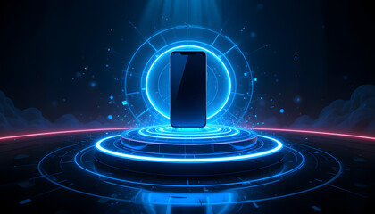 Modern Smartphone on Glowing Neon Platform with Floating Particles and Holographic UI – Ideal for Tech Advertising, Digital Innovation, and Product Launch Visuals