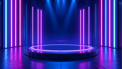 Modern Sci‑Fi Platform with Overhead Spotlights and Reflective Floor in Immersive Neon Setup – Perfect for Entertainment Branding, VR Media, and Event Promotions


