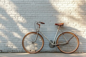 Vintage bicycle with brown accents, leaning against a white brick wall under soft sunlight casting subtle shadows.