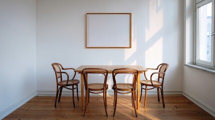 Wooden dining set in a bright corner room.