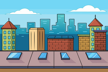 Fototapeta premium A scenic cartoon city rooftop with a view of skyscrapers vector illustration