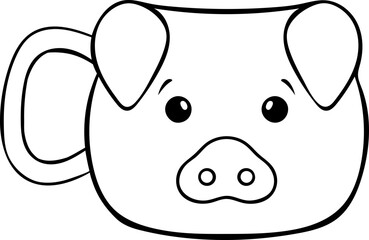 cute ceramic mugs with piggy face, simple vector black and white icon, doodle and sketch style