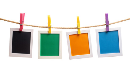 Four Blank Colorful Instant Photo Frames Hanging on Rope – Empty Picture Template PNG