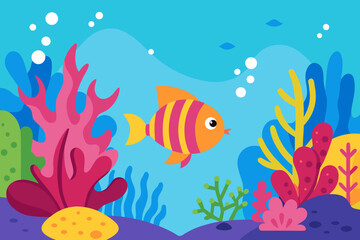 Naklejka premium A vibrant cartoon illustration of a coral reef with tropical fish vector illustration