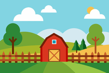 A cartoon countryside farm background with a barn vector illustration