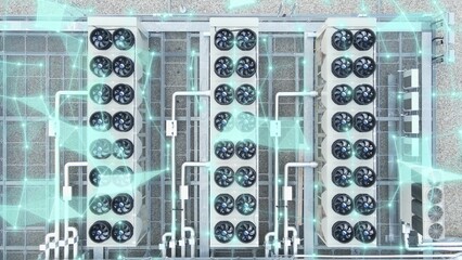 Aerial of data center building with HVAC systems and 3D data graphics overlay showing digital infrastructure