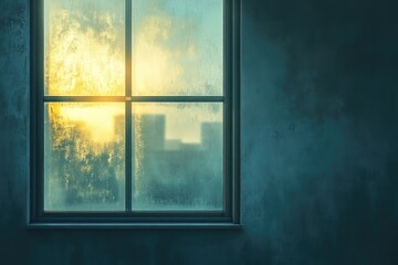 A window view obscured by moisture reveals a city skyline touched by the warm glow of the morning sun.