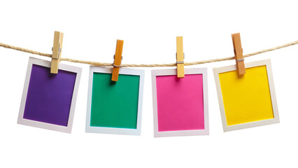 Four Blank Colorful Instant Photo Frames Hanging on Rope – Empty Picture Template PNG