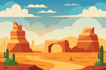 A beautiful cartoon landscape of desert cliffs with arches vector illustration