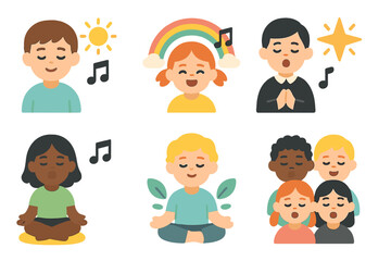 Harmonious Children's Icons. Flat vector mini-illustrations hymn mood in colors children's illustrations: peaceful, joyful, solemn