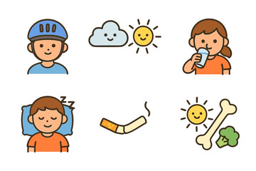 Healthy Bone Habits. Flat vector mini-illustrations bone care habits in colors children's illustrations: wearing helmet, sun