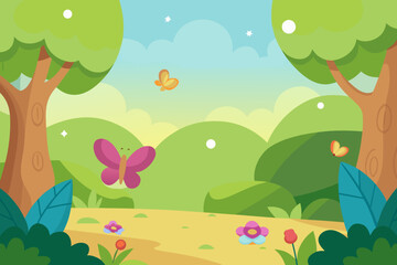 A cartoon enchanted garden background with butterflies vector illustration