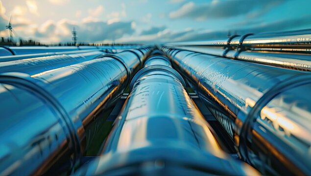 A ground-level perspective showcases numerous gleaming metallic pipelines extending towards a sun-drenched horizon, under a partly cloudy sky