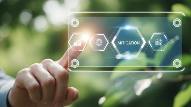 Finger touching mitigation icon with globe and document on blurred green natural background