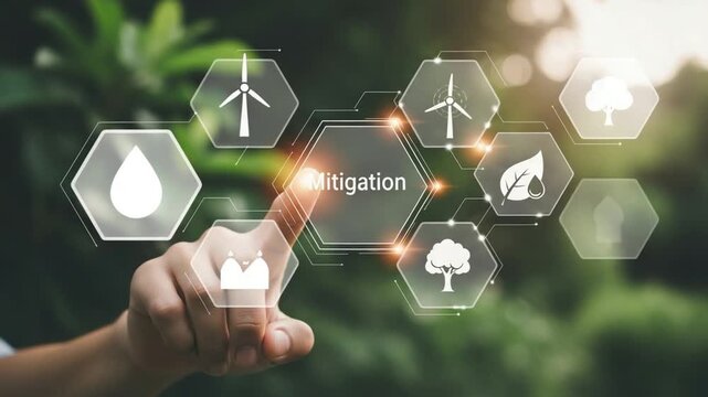Finger touching mitigation icon with windmill, leaf, and tree on a blurred green background outdoors