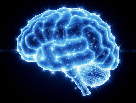 Digital brain glowing with neural connections in a dark void - Powered by Adobe