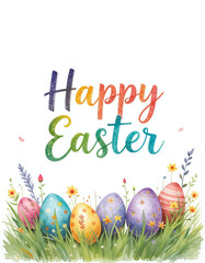 Colorful watercolor illustration with Happy Easter text, eggs, and splashes on white background, perfect for cards and invitations