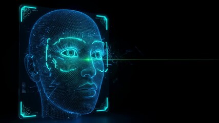 Female head with digital wireframe and glow showing facial recognition scanning with a green laser beam across the eye, footage. - Powered by Adobe