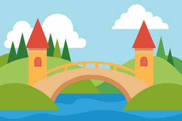 Naklejka premium A cartoon fairytale bridge over a river background vector illustration