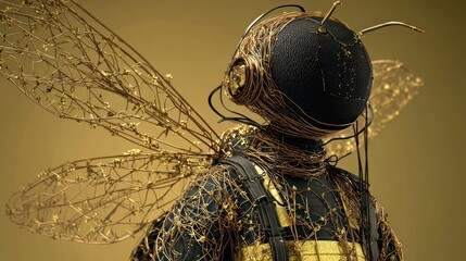 Back view of steampunk-styled figure resembling a bee, with wired wings and golden accents