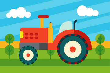 A scenic cartoon farm field with a tractor background vector illustration