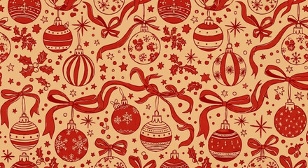 Festive Christmas pattern featuring red ornaments, ribbons, stars, and holly leaves on a beige background, creating a holiday-themed design.