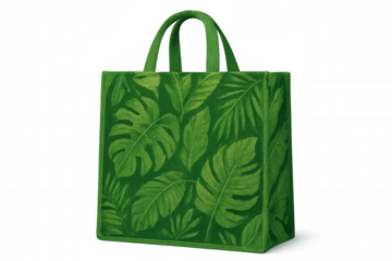 Reusable shopping bag featuring a vibrant green tropical leaf pattern, promoting eco-conscious consumerism