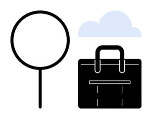 Magnifying glass beside a business bag under a cloud. Ideal for business analysis, career planning, problem-solving, research, exploration, cloud storage, online tools. Bold simple flat metaphor