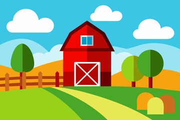 A simple cartoon of farmland with a red barn vector illustration