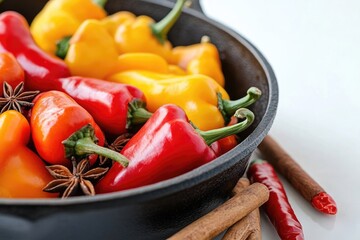 A cast iron skillet filled with colorful bell peppers, anise stars, and cinnamon sticks on a white background.