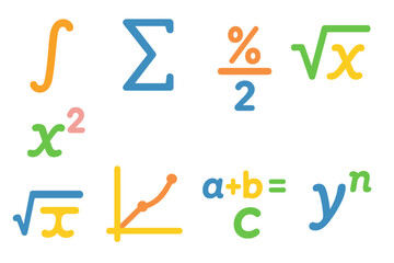 Math and Grooming Icons. Flat vector mini-illustrations complex mathematical symbols in colors children's illustrations: integrals