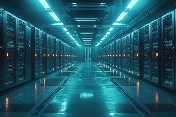 A futuristic server room bathed in cyan light, showcasing rows of data racks and a reflective floor. A tech data hub.