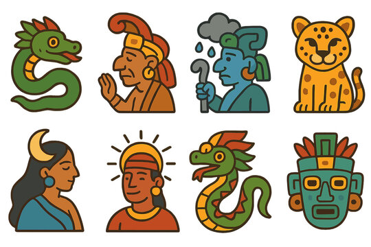 Maya Mythology Icons. Flat vector mini-illustrations Maya gods and mythology in colors children's illustrations: Kukulkan serpent,