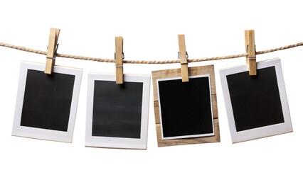 Four Blank Instant Photo Frames Hanging on Rope – Empty Gallery Picture Mockup PNG