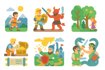 Fototapeta premium Mythic Adventure Icons. Flat vector mini-illustrations mythic stories in colors children's illustrations: hero’s journey, battle