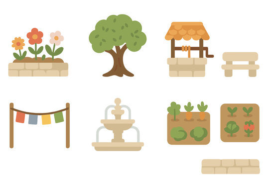 Monastery Garden Icons. Flat vector mini-illustrations monastery grounds in colors children's illustrations: garden with flowers,
