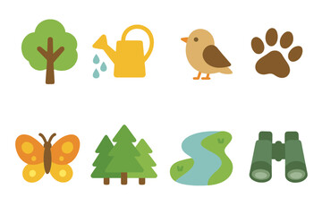 Fototapeta premium Nature Icons for Kids. Flat vector mini-illustrations conservation in colors children's illustrations: tree, watering can, bird,