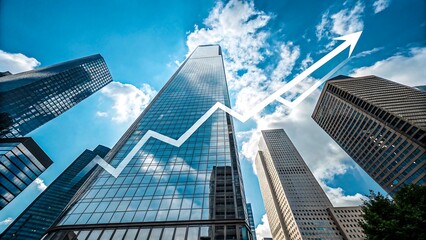 Obraz premium Modern skyscrapers with upward financial graph arrow symbolizing business growth, success, investment, and economic progress against blue sky