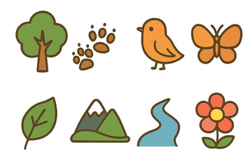Nature Icons for Kids. Flat vector mini-illustrations nature books in colors children's illustrations: tree, animal footprints,